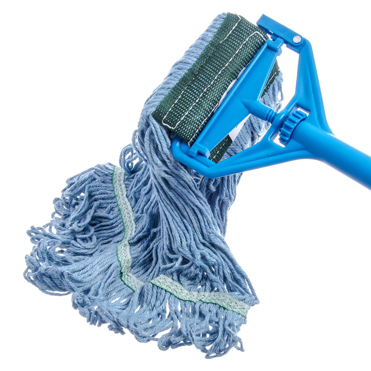 Carlisle 369448B14 Flo-Pac Medium Looped-End Mop Head, Blue w/ Green Band - Image 3