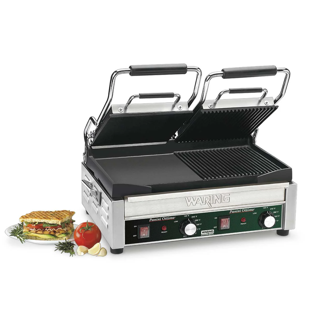 Waring WDG300 Panini Grill, Split Top, Half Flat / Half Ribbed, 240V - Image 2